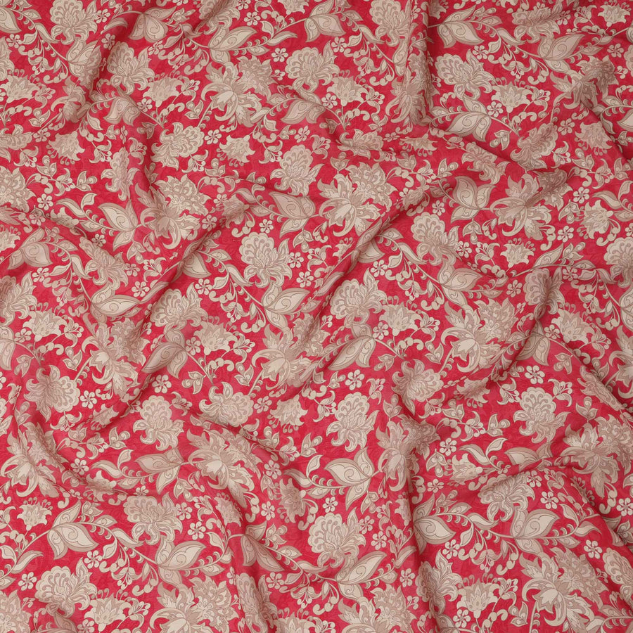 قماش كريب فيسكوز مطبوع عليه زهور عرقية باللون الأحمر القرمزي مع زخارف نباتية معقدة باللون البيج، عرض 110 سم، صنع في الهند - D23463