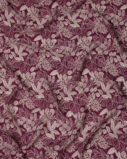 Wine Purple Leafy Botanical Printed Viscose Crepe Fabric with Beige Outline Detailing, 110 Cms Width, Made in India-D23464 - Regal Fabrics