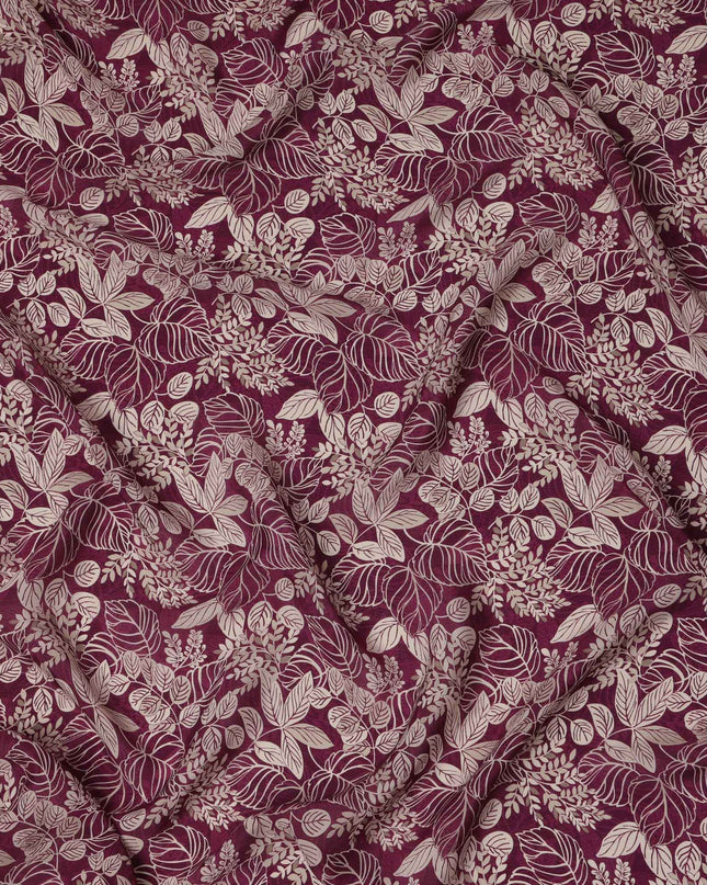 Wine Purple Leafy Botanical Printed Viscose Crepe Fabric with Beige Outline Detailing, 110 Cms Width, Made in India-D23464 - Regal Fabrics