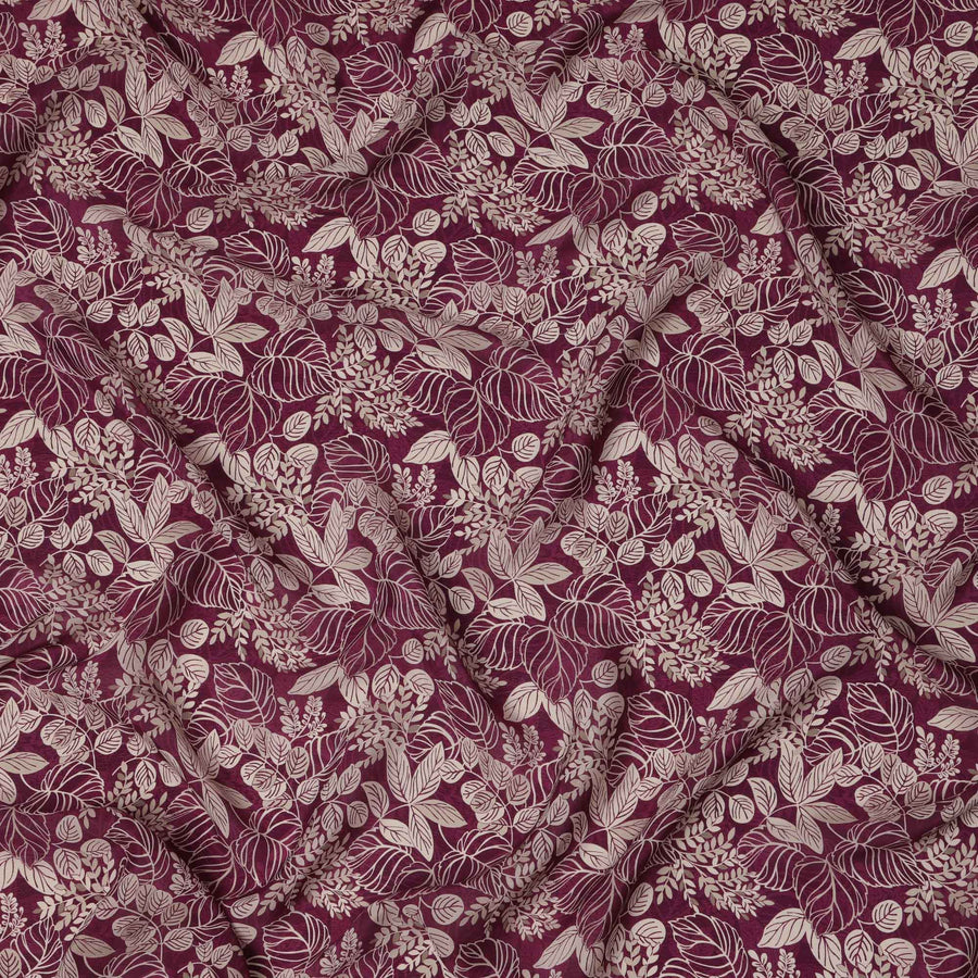 Wine Purple Leafy Botanical Printed Viscose Crepe Fabric with Beige Outline Detailing, 110 Cms Width, Made in India-D23464 - Regal Fabrics