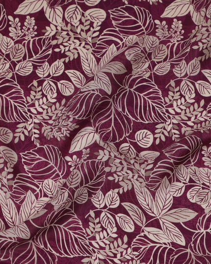 Wine Purple Leafy Botanical Printed Viscose Crepe Fabric with Beige Outline Detailing, 110 Cms Width, Made in India-D23464 - Regal Fabrics