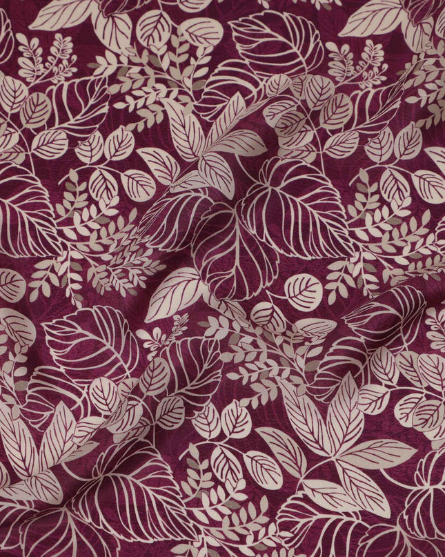 Wine Purple Leafy Botanical Printed Viscose Crepe Fabric with Beige Outline Detailing, 110 Cms Width, Made in India-D23464 - Regal Fabrics