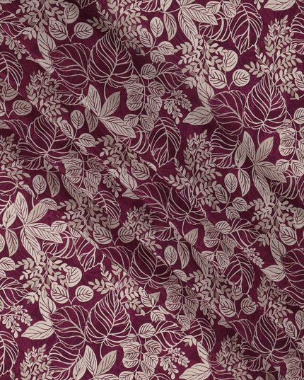 Wine Purple Leafy Botanical Printed Viscose Crepe Fabric with Beige Outline Detailing, 110 Cms Width, Made in India-D23464 - Regal Fabrics