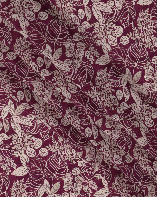 Wine Purple Leafy Botanical Printed Viscose Crepe Fabric with Beige Outline Detailing, 110 Cms Width, Made in India-D23464 - Regal Fabrics