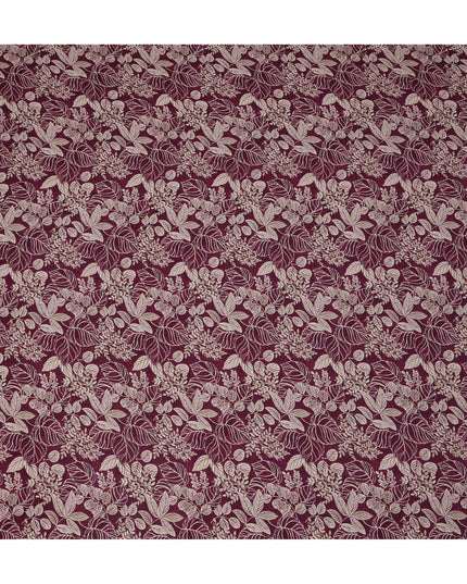 Wine Purple Leafy Botanical Printed Viscose Crepe Fabric with Beige Outline Detailing, 110 Cms Width, Made in India-D23464 - Regal Fabrics