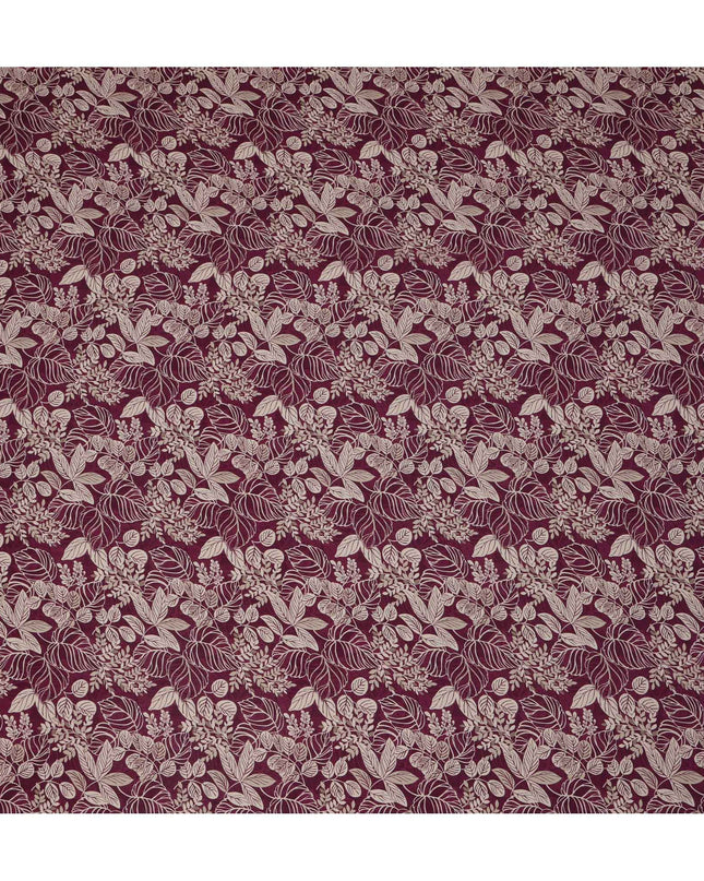Wine Purple Leafy Botanical Printed Viscose Crepe Fabric with Beige Outline Detailing, 110 Cms Width, Made in India-D23464 - Regal Fabrics