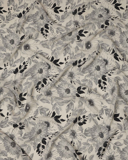 قماش كريب فيسكوز مطبوع عليه زهور باللونين العاجي والأسود، بأوراق أحادية اللون، عرض 110 سم، صنع في الهند - D23466