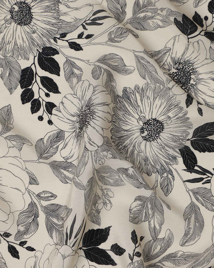 قماش كريب فيسكوز مطبوع عليه زهور باللونين العاجي والأسود، بأوراق أحادية اللون، عرض 110 سم، صنع في الهند - D23466