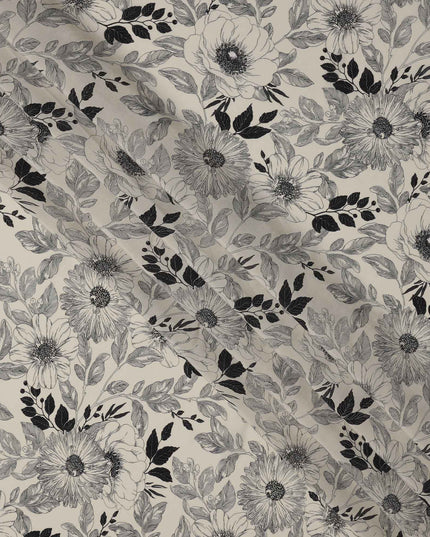 قماش كريب فيسكوز مطبوع عليه زهور باللونين العاجي والأسود، بأوراق أحادية اللون، عرض 110 سم، صنع في الهند - D23466