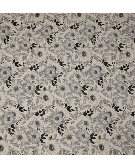 قماش كريب فيسكوز مطبوع عليه زهور باللونين العاجي والأسود، بأوراق أحادية اللون، عرض 110 سم، صنع في الهند - D23466
