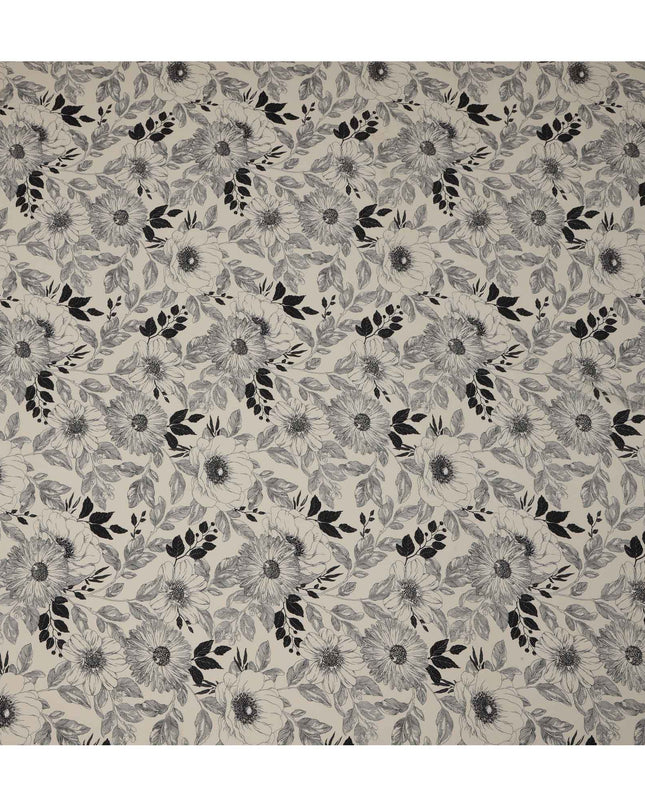 قماش كريب فيسكوز مطبوع عليه زهور باللونين العاجي والأسود، بأوراق أحادية اللون، عرض 110 سم، صنع في الهند - D23466