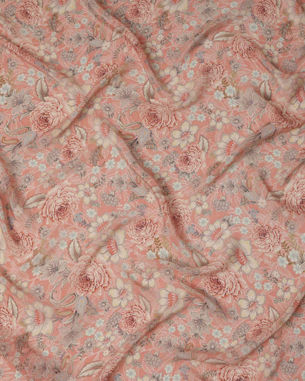 قماش كريب فيسكوز مطبوع عليه زهور الخوخ مع لمسات باستيل ناعمة، عرض 110 سم، صنع في الهند - D23467
