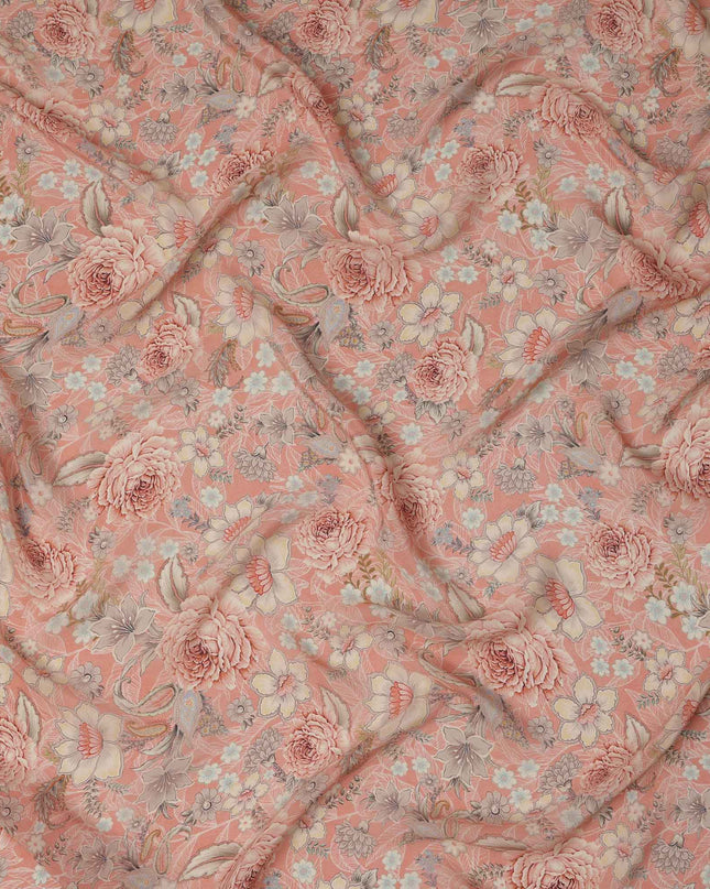 قماش كريب فيسكوز مطبوع عليه زهور الخوخ مع لمسات باستيل ناعمة، عرض 110 سم، صنع في الهند - D23467