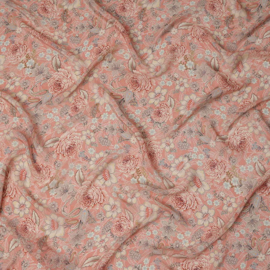 قماش كريب فيسكوز مطبوع عليه زهور الخوخ مع لمسات باستيل ناعمة، عرض 110 سم، صنع في الهند - D23467