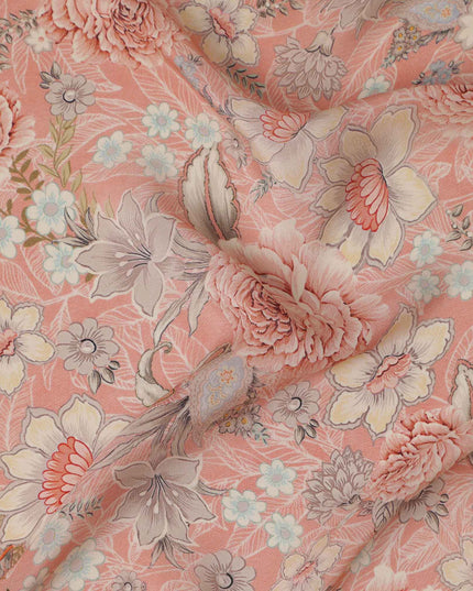 قماش كريب فيسكوز مطبوع عليه زهور الخوخ مع لمسات باستيل ناعمة، عرض 110 سم، صنع في الهند - D23467