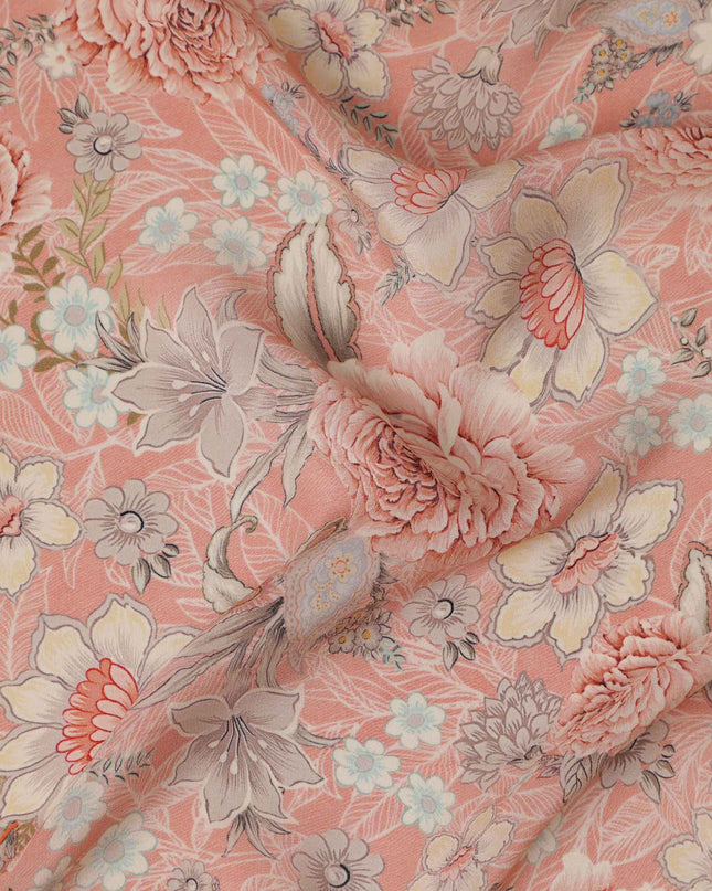قماش كريب فيسكوز مطبوع عليه زهور الخوخ مع لمسات باستيل ناعمة، عرض 110 سم، صنع في الهند - D23467