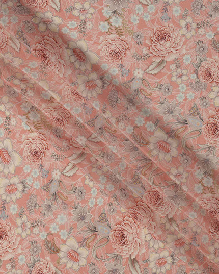 قماش كريب فيسكوز مطبوع عليه زهور الخوخ مع لمسات باستيل ناعمة، عرض 110 سم، صنع في الهند - D23467
