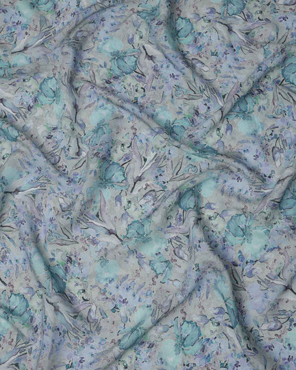 قماش كريب فيسكوز بطبعة رقمية بنقشة زهور زرقاء لافندر، 110 سم، الهند - D23468