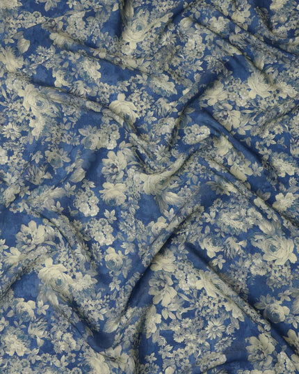 Navy Blue Beige Monochrome Floral Print Viscose Crepe Fabric, 110 Cms, India-D23469 - Regal Fabrics