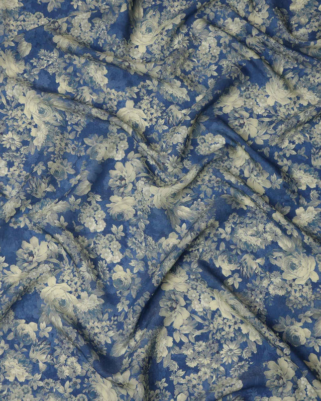 Navy Blue Beige Monochrome Floral Print Viscose Crepe Fabric, 110 Cms, India-D23469 - Regal Fabrics