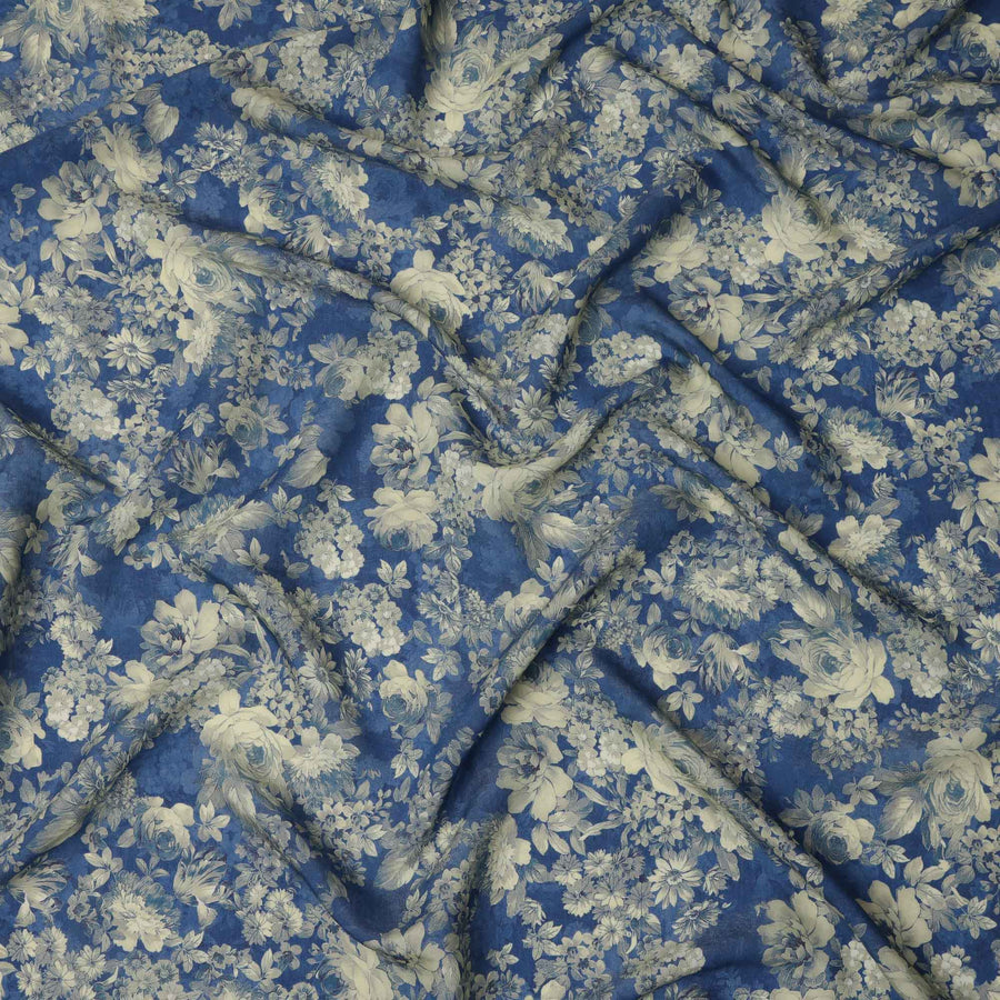 Navy Blue Beige Monochrome Floral Print Viscose Crepe Fabric, 110 Cms, India-D23469 - Regal Fabrics