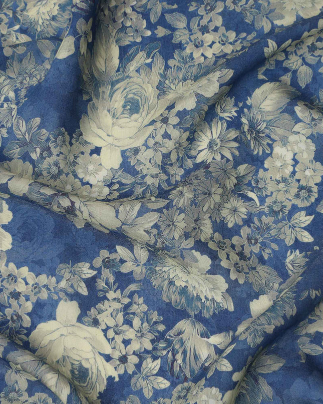 Navy Blue Beige Monochrome Floral Print Viscose Crepe Fabric, 110 Cms, India-D23469 - Regal Fabrics