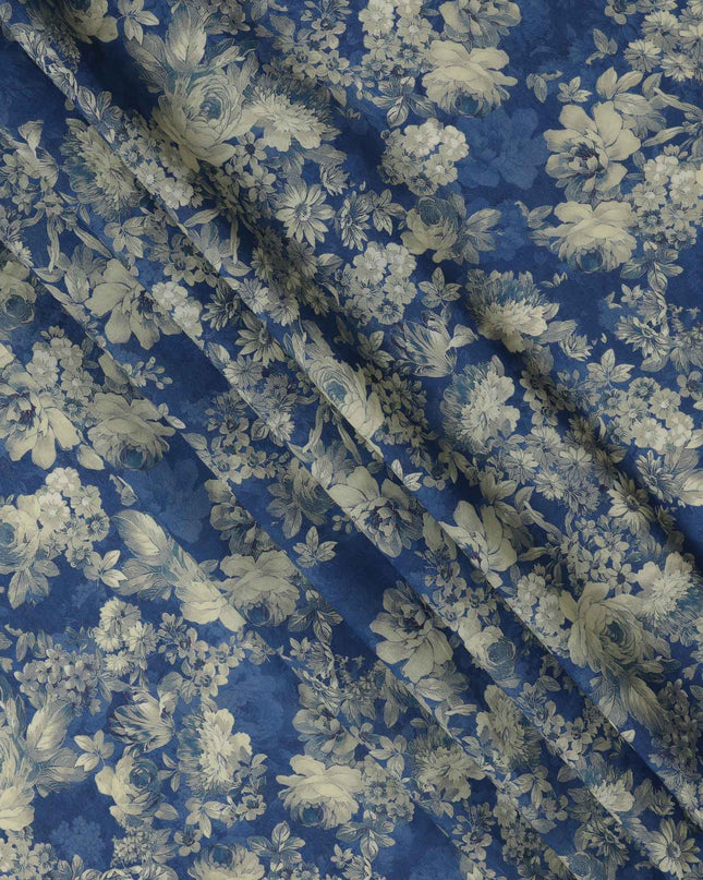 Navy Blue Beige Monochrome Floral Print Viscose Crepe Fabric, 110 Cms, India-D23469 - Regal Fabrics