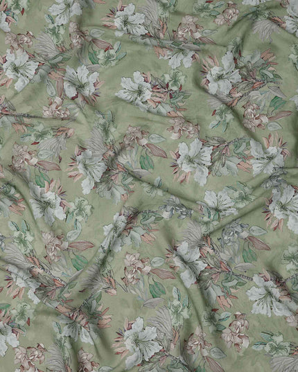قماش كريب فيسكوز مطبوع يدويًا بنقشة زهور باللون الأخضر الباستيل والأبيض، 110 سم، الهند - D23470