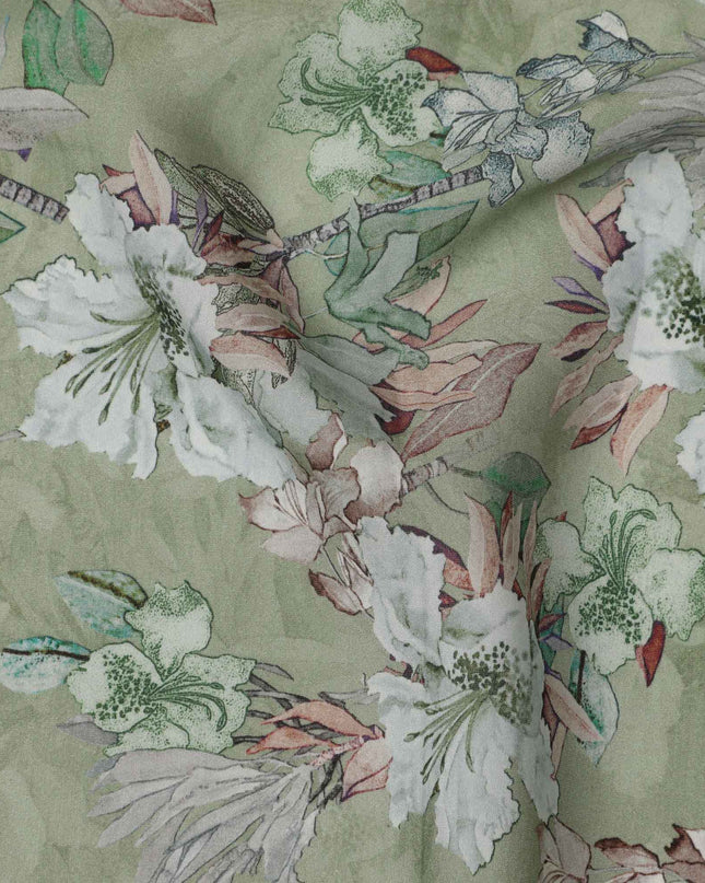 قماش كريب فيسكوز مطبوع يدويًا بنقشة زهور باللون الأخضر الباستيل والأبيض، 110 سم، الهند - D23470