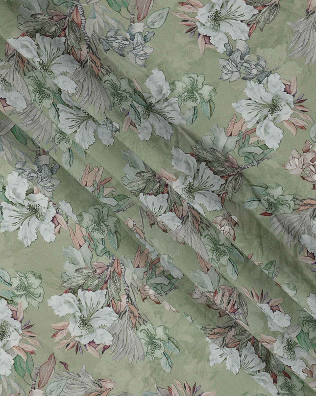 قماش كريب فيسكوز مطبوع يدويًا بنقشة زهور باللون الأخضر الباستيل والأبيض، 110 سم، الهند - D23470