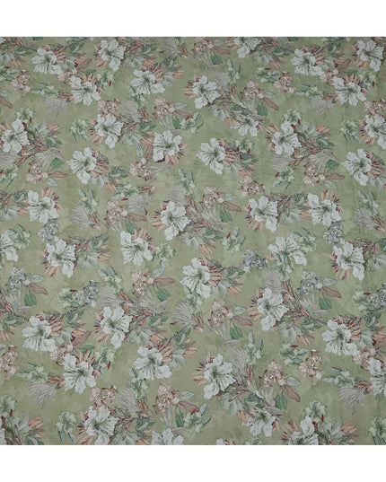 قماش كريب فيسكوز مطبوع يدويًا بنقشة زهور باللون الأخضر الباستيل والأبيض، 110 سم، الهند - D23470