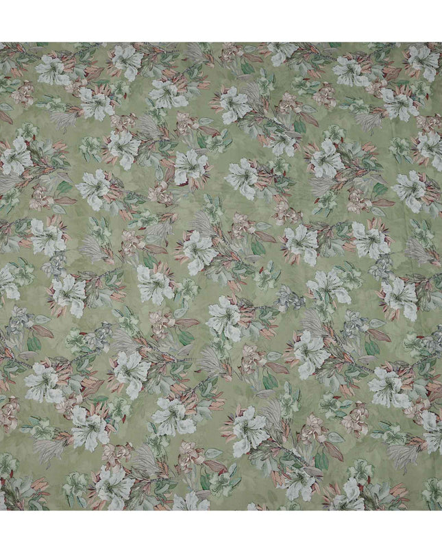 قماش كريب فيسكوز مطبوع يدويًا بنقشة زهور باللون الأخضر الباستيل والأبيض، 110 سم، الهند - D23470