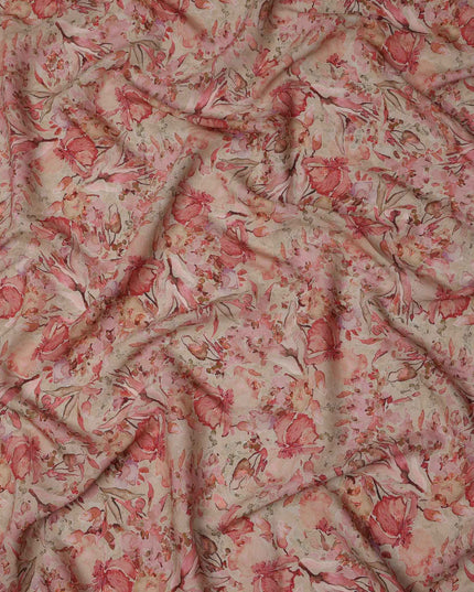 Beige Red Watercolor Floral Print Viscose Crepe Fabric, 110 Cms, India-D23471