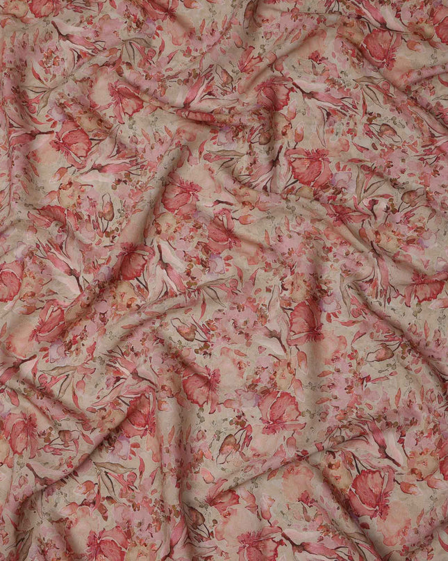 Beige Red Watercolor Floral Print Viscose Crepe Fabric, 110 Cms, India-D23471