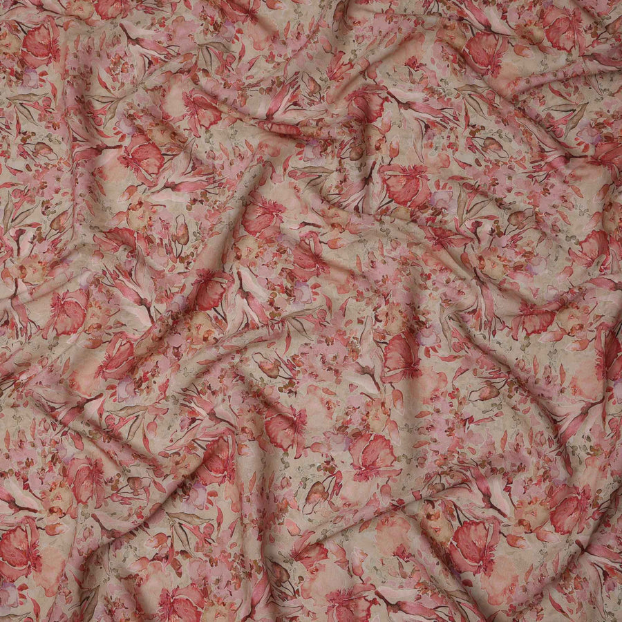 Beige Red Watercolor Floral Print Viscose Crepe Fabric, 110 Cms, India-D23471
