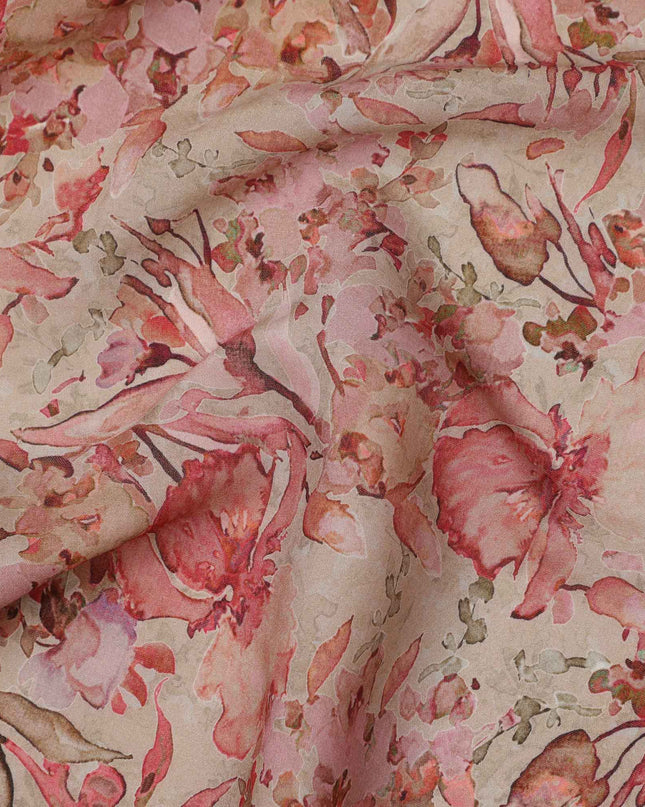 Beige Red Watercolor Floral Print Viscose Crepe Fabric, 110 Cms, India-D23471