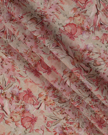 Beige Red Watercolor Floral Print Viscose Crepe Fabric, 110 Cms, India-D23471