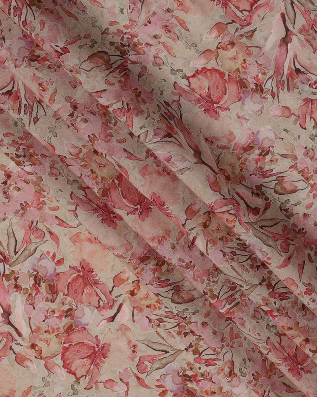 Beige Red Watercolor Floral Print Viscose Crepe Fabric, 110 Cms, India-D23471