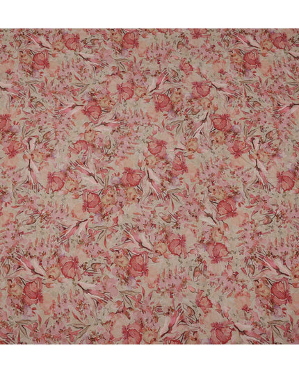 Beige Red Watercolor Floral Print Viscose Crepe Fabric, 110 Cms, India-D23471