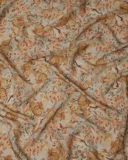 قماش كريب فيسكوز بطبعة زهور مائية بلون أصفر مصفر، 110 سم، الهند - D23472