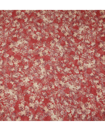 قماش كريب فيسكوز بطبعة زهور عتيقة باللون الأحمر والبيج، 110 سم، الهند - D23473