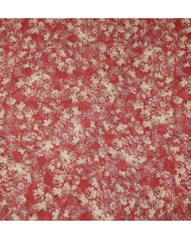 قماش كريب فيسكوز بطبعة زهور عتيقة باللون الأحمر والبيج، 110 سم، الهند - D23473