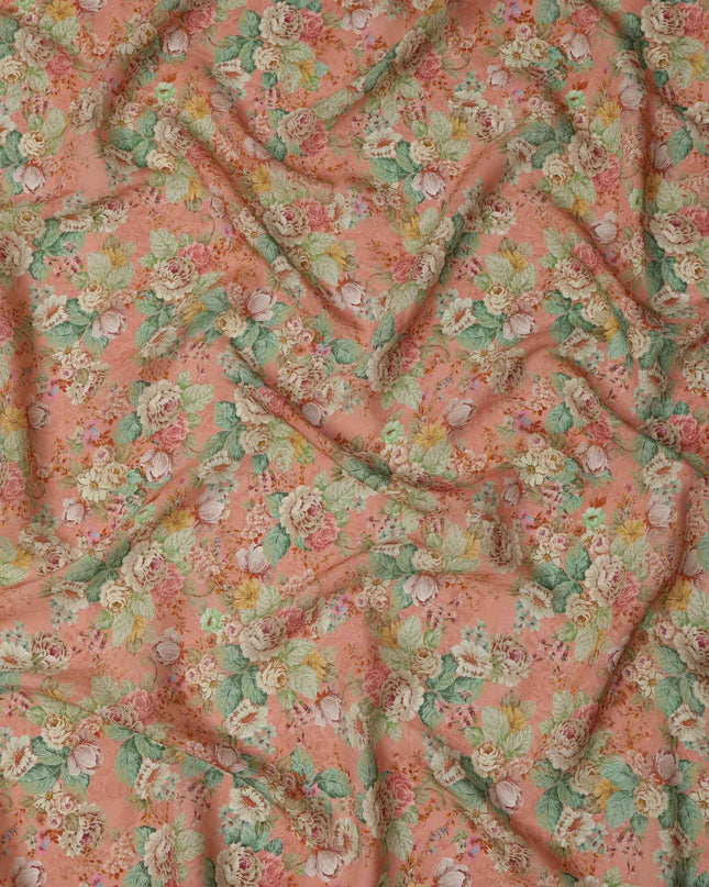 Peach Multicolor Garden Floral Print Viscose Crepe Fabric, 110 Cms, India-D23474 - Regal Fabrics