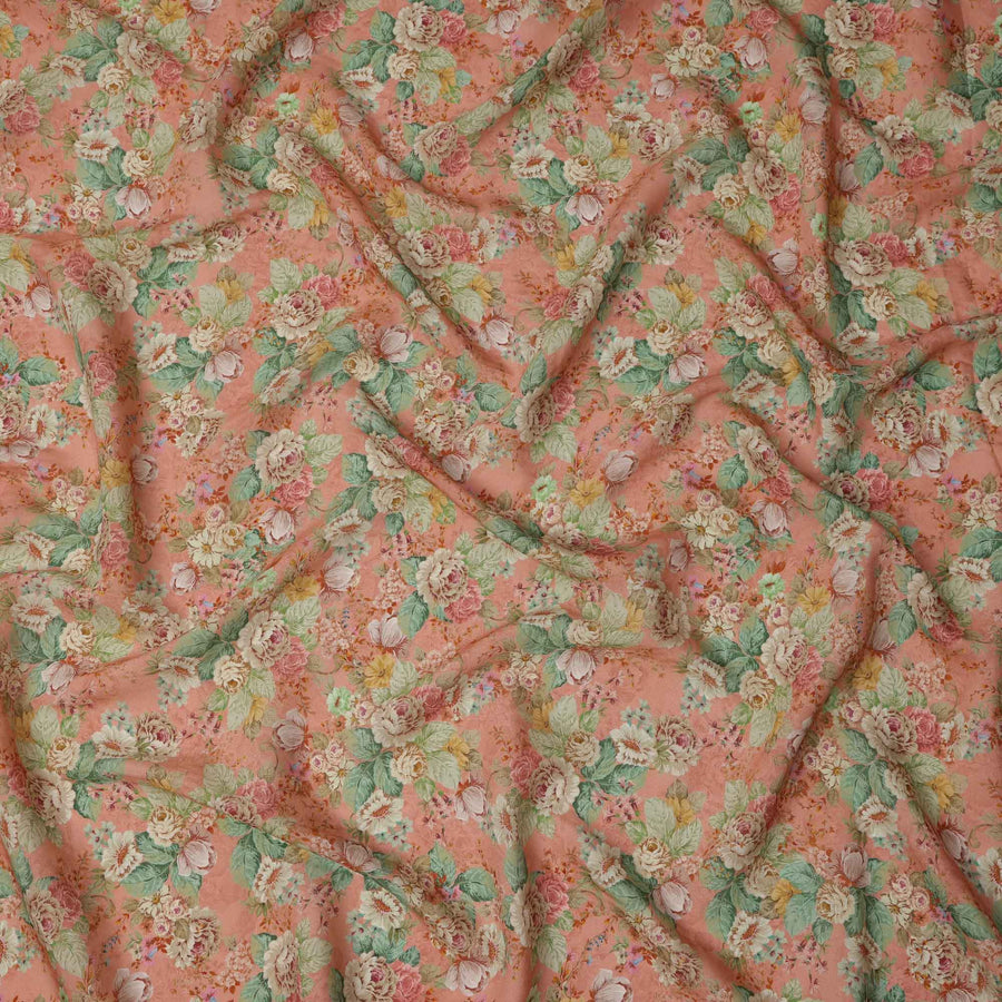Peach Multicolor Garden Floral Print Viscose Crepe Fabric, 110 Cms, India-D23474 - Regal Fabrics