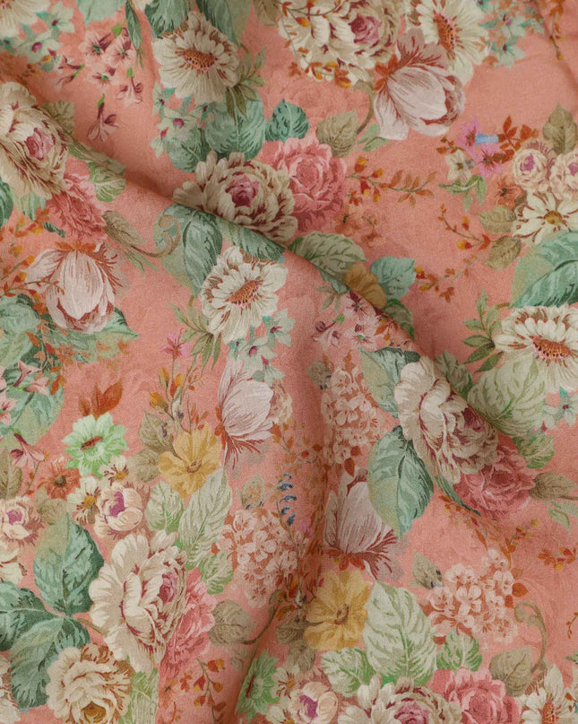 Peach Multicolor Garden Floral Print Viscose Crepe Fabric, 110 Cms, India-D23474 - Regal Fabrics