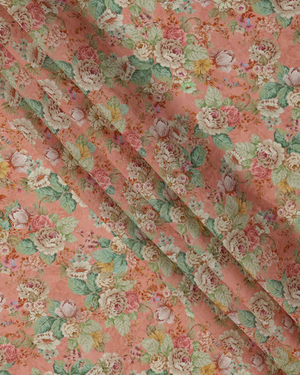 Peach Multicolor Garden Floral Print Viscose Crepe Fabric, 110 Cms, India-D23474 - Regal Fabrics