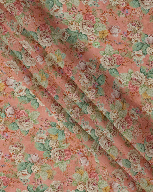 Peach Multicolor Garden Floral Print Viscose Crepe Fabric, 110 Cms, India-D23474 - Regal Fabrics