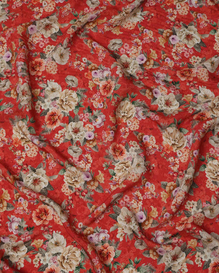 Red Multicolor Tropical Floral Print Viscose Crepe Fabric, 110 Cms, India-D23475