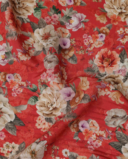 Red Multicolor Tropical Floral Print Viscose Crepe Fabric, 110 Cms, India-D23475