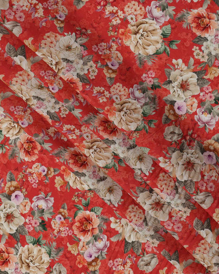 Red Multicolor Tropical Floral Print Viscose Crepe Fabric, 110 Cms, India-D23475